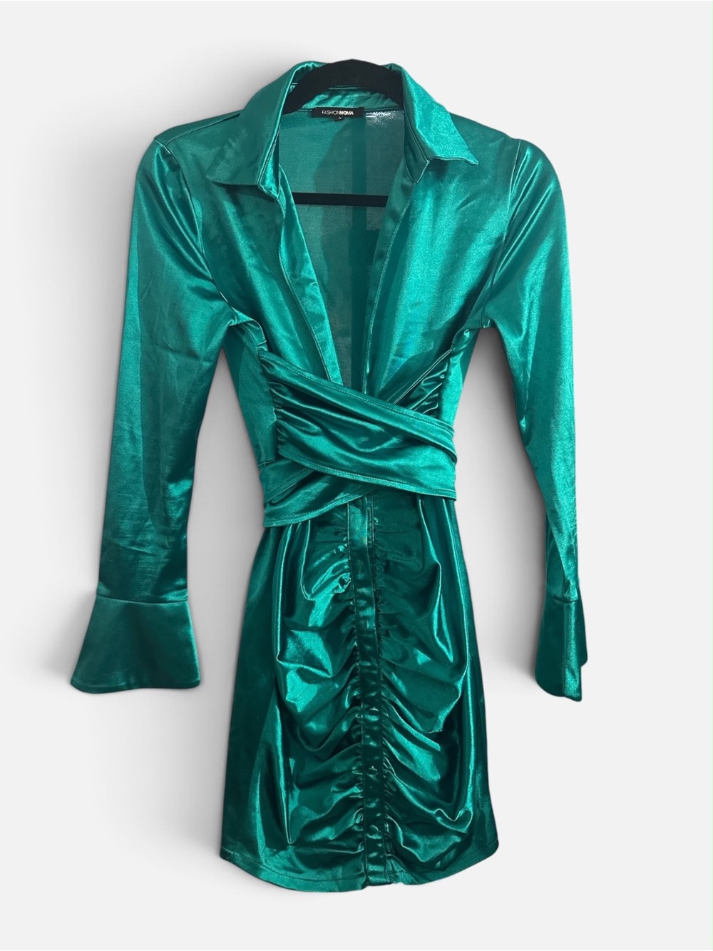 Fashion Nova Metallic Teal Long Sleeve Ruched Wrap Dress